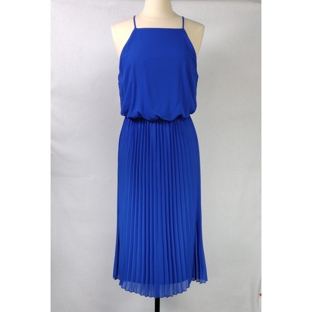 Sam Edelman Women's M Sleeveless Midi Dress Pleated Blouson Bodice Blue Elegant